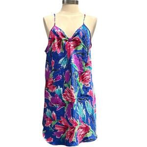L.A. Intimates Floral Chemise Blue Pink‎ Tropical Satin Nightie Womens Excellent